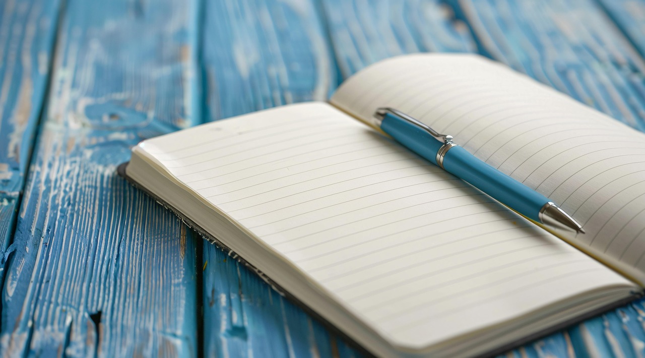 ai generated, notebook, pen, writing, journal, blank, notes, stationery, pages, wood, rustic, desk, table, paper, office, school, study, workspace, writing tool, empty, background, composition, simple